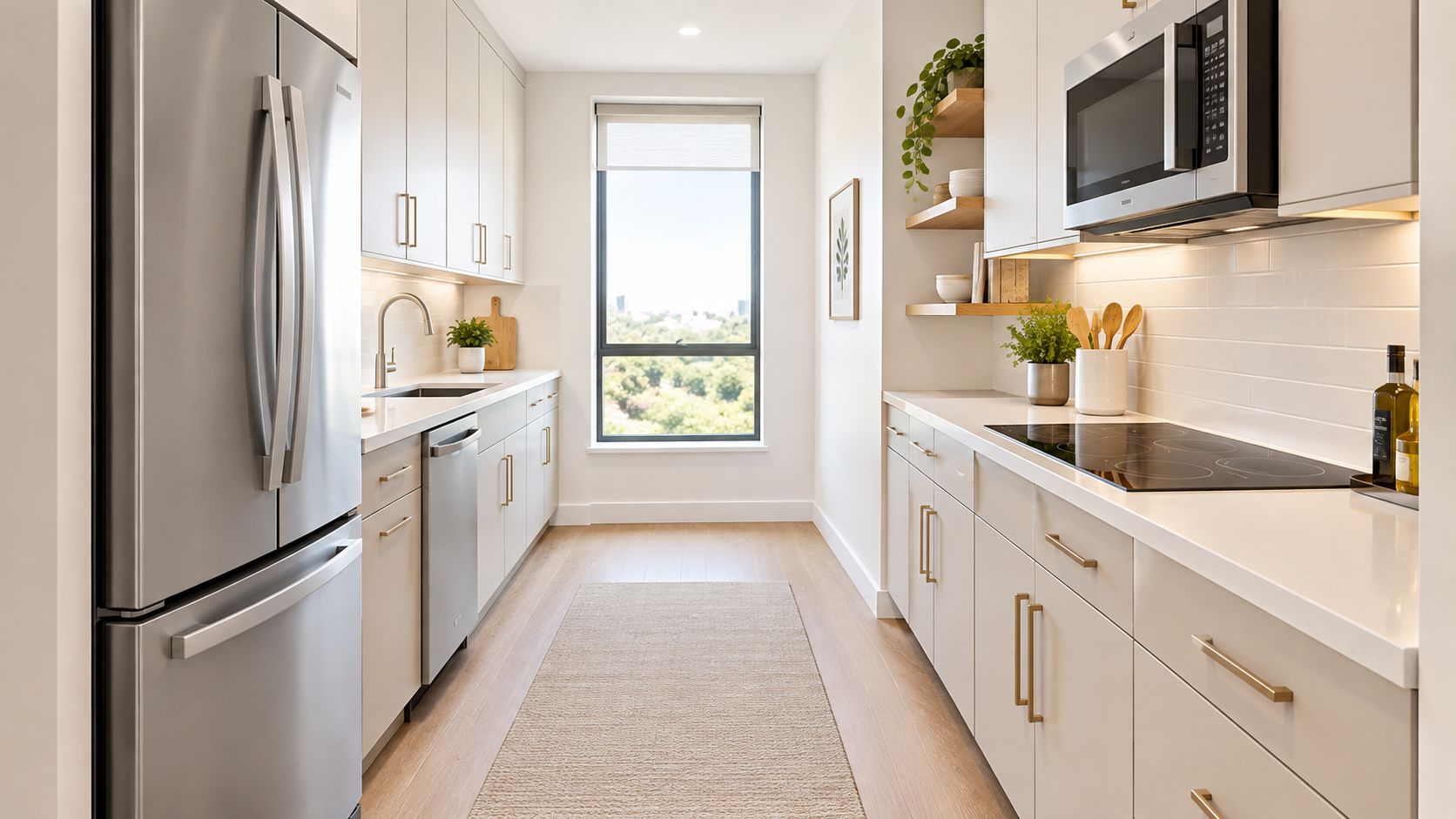 A modern galley kitchen featuring sleek white cabinets, stainless steel appliances, and a bright window view.