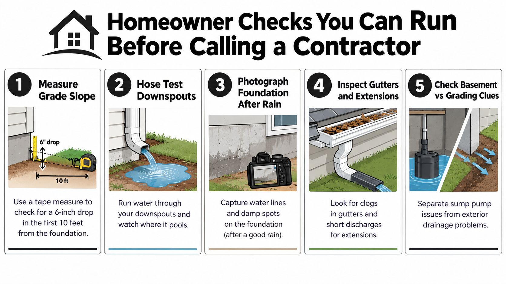 An infographic showing five homeowner checks to perform on home grading and drainage before calling a contractor.