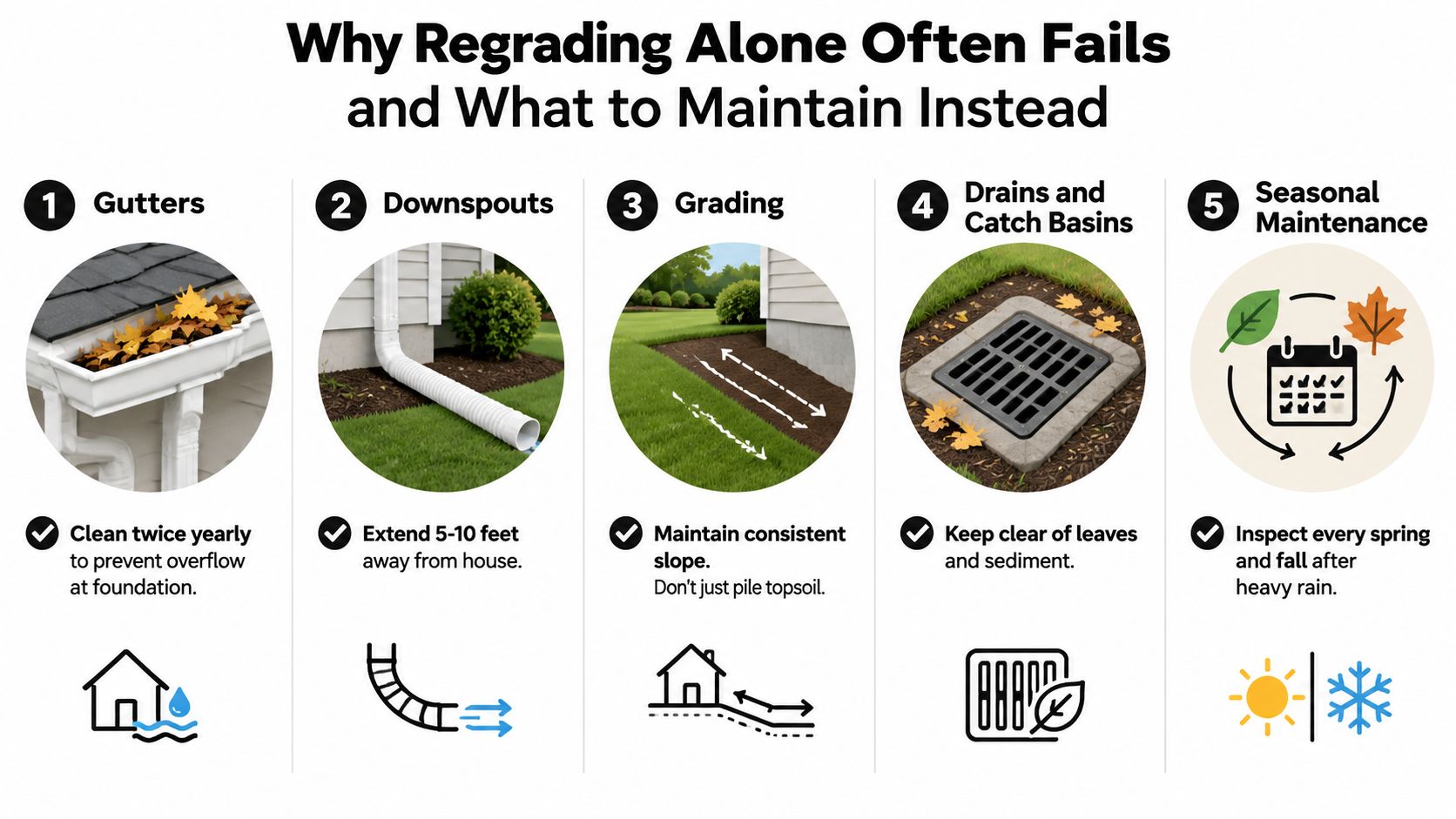 An infographic showing five essential home exterior maintenance tips to improve drainage and prevent foundation water damage.