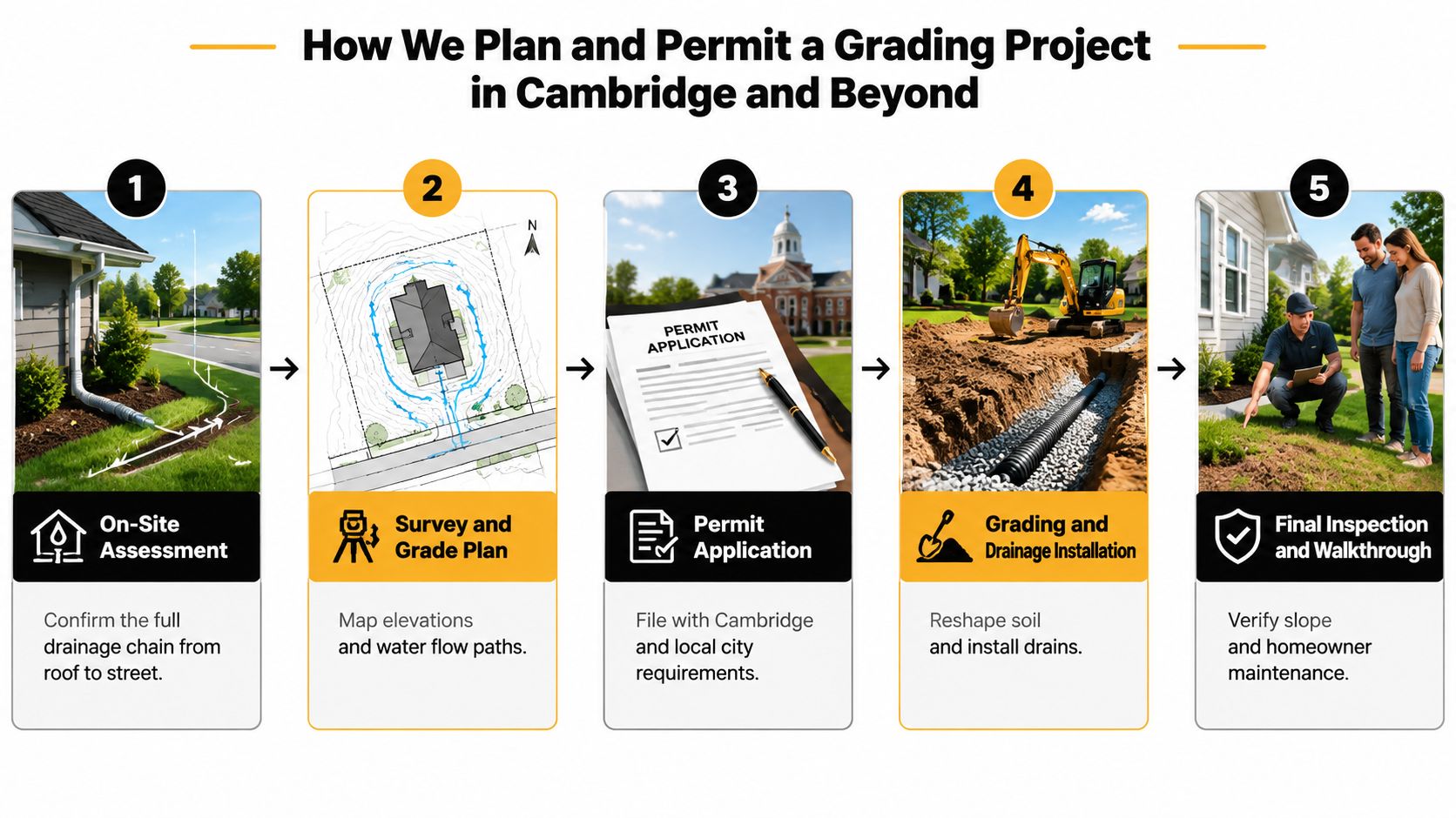 A five-step infographic illustrating the professional process of planning and permitting a residential grading and drainage project.