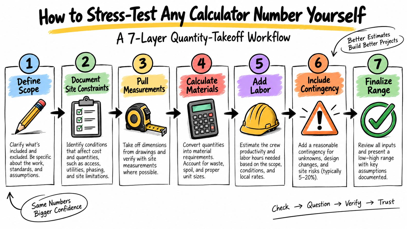 A 7-layer infographic outlining a professional quantity-takeoff workflow for stress-testing construction project estimates and cost calculations.