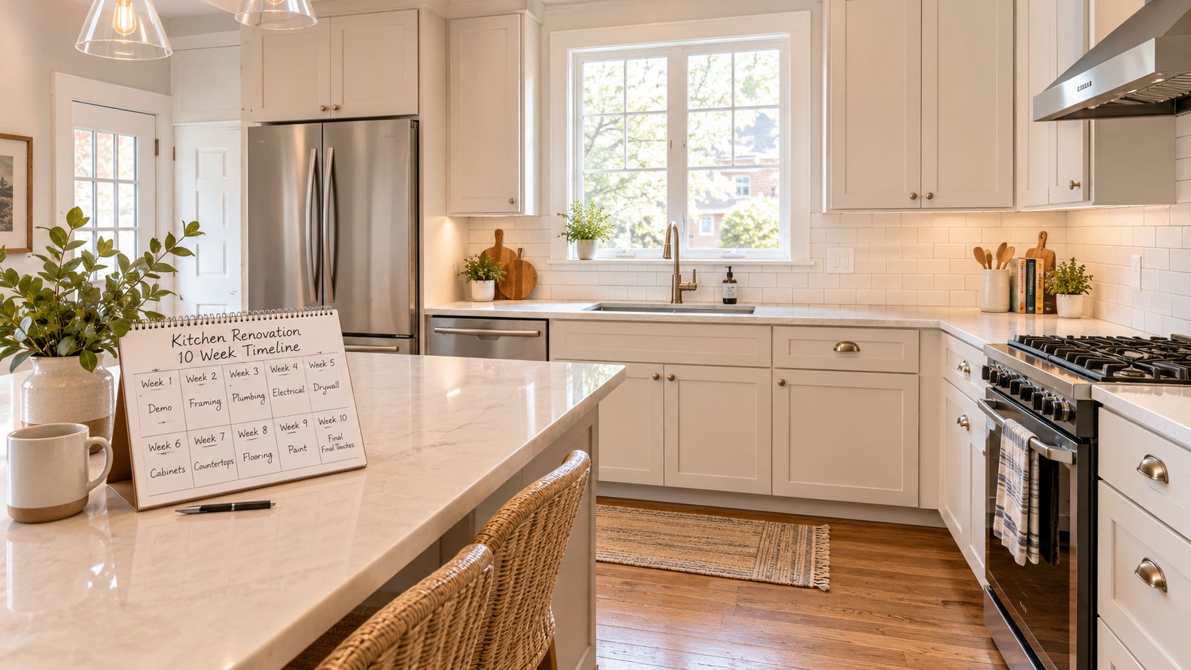 A kitchen renovation 10-week timeline schedule sits on a clean marble island in a modern white kitchen.
