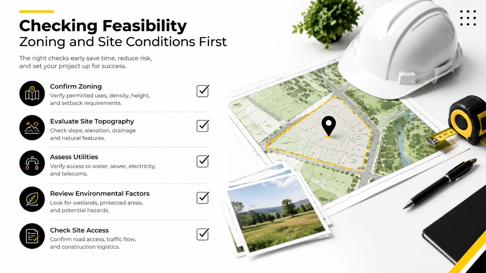 A professional infographic illustrating the necessary steps for checking land feasibility for construction projects.