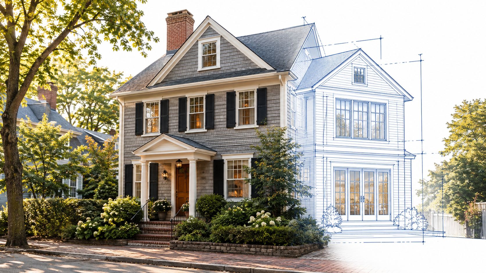 A partially built grey house blending seamlessly into a detailed blue architectural blueprint of a home addition.