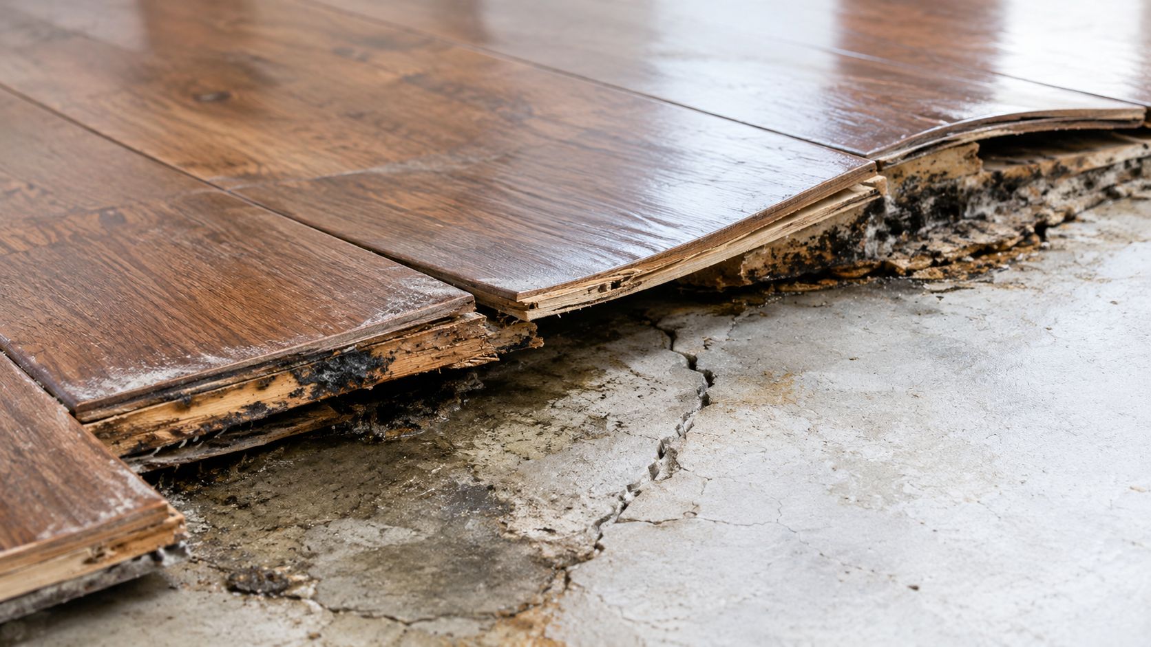 Damaged wood laminate flooring lifted to reveal water damage, mold, and a cracked concrete subfloor underneath.