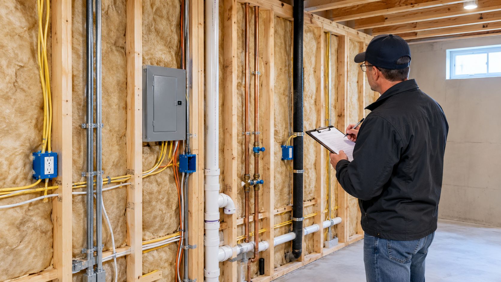 A professional building inspector in a cap reviewing basement construction with a clipboard and pen.