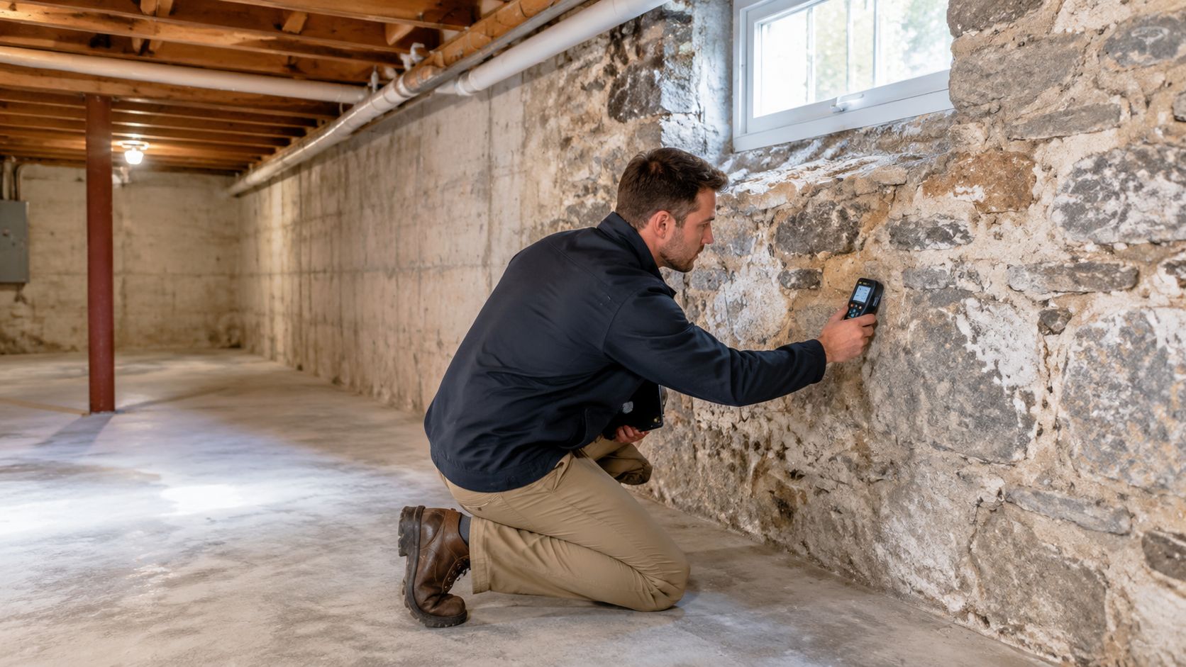 A professional building inspector kneels while using a moisture meter to assess a basement stone foundation wall.