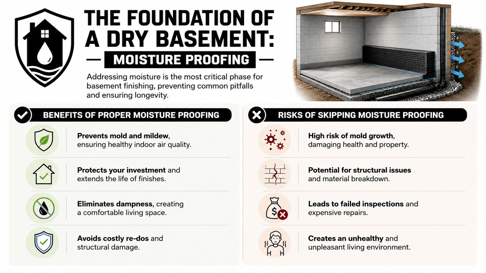 A detailed infographic explaining the benefits and risks of basement moisture proofing during the finishing process.