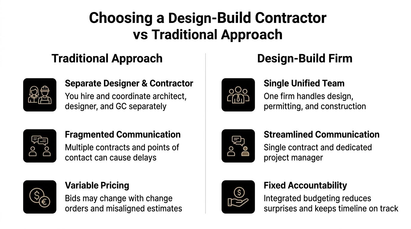 A comparison chart showing the differences between hiring a traditional construction approach versus a design-build firm.