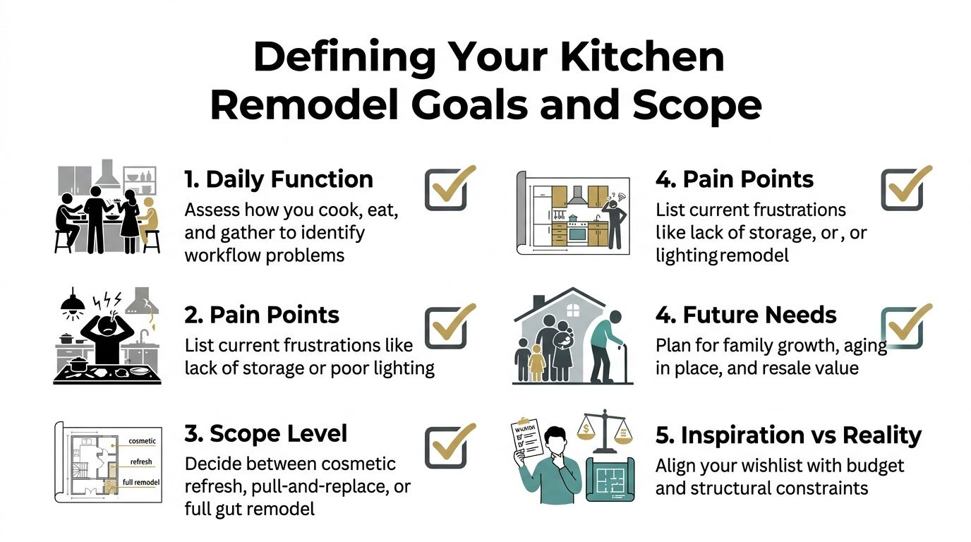 A checklist infographic outlining five key steps for planning a kitchen remodel, including function and goals.