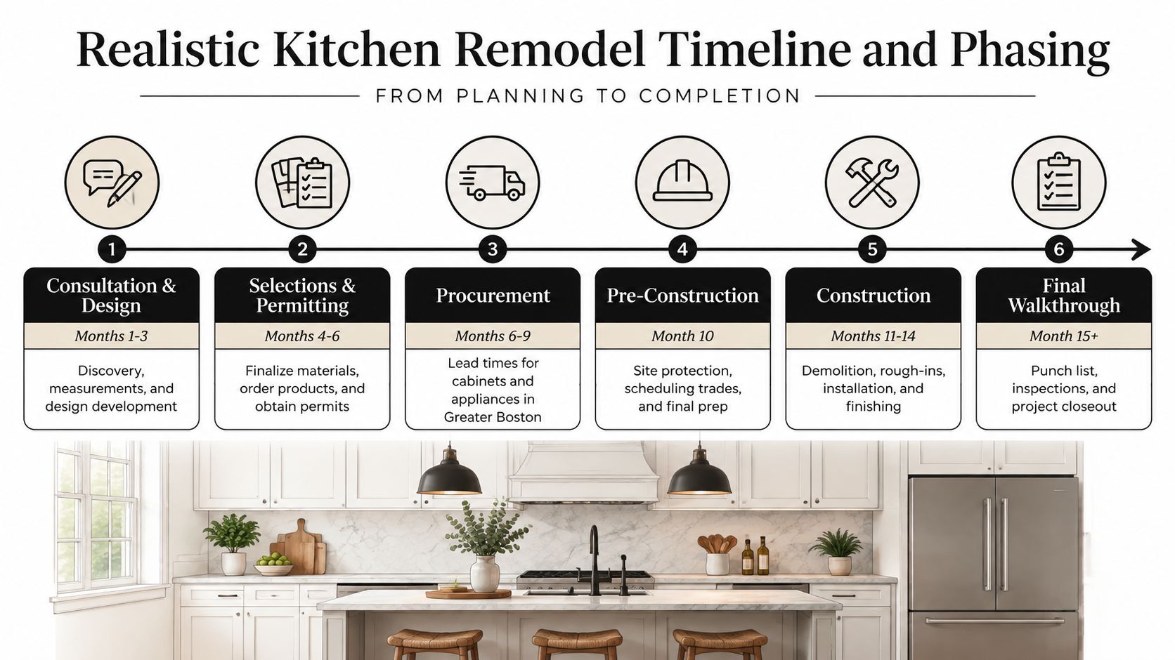 An infographic showing a six-step realistic kitchen remodel timeline from initial planning through to final project completion.