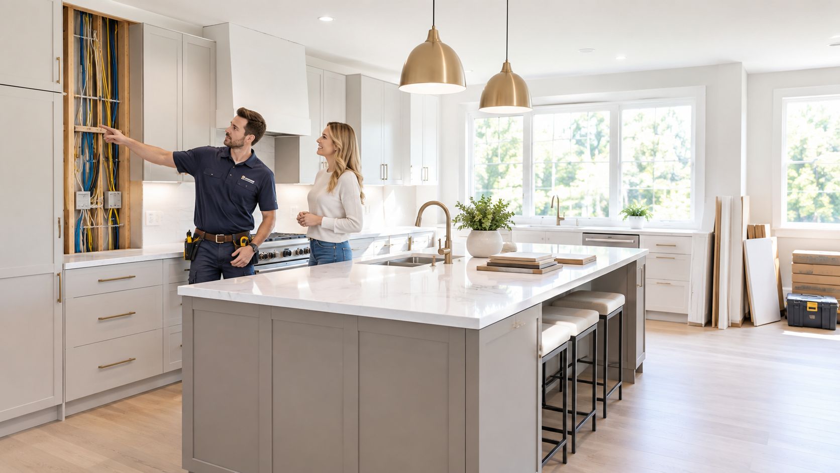 A professional electrician points to exposed wiring in a kitchen wall while discussing plans with a homeowner.