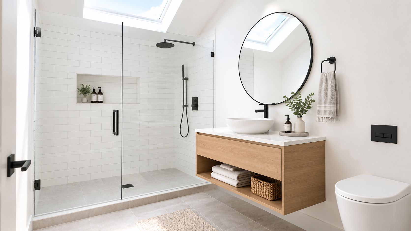 A modern bathroom featuring a floating wooden vanity, round mirror, glass walk-in shower, and stylish matte black fixtures.