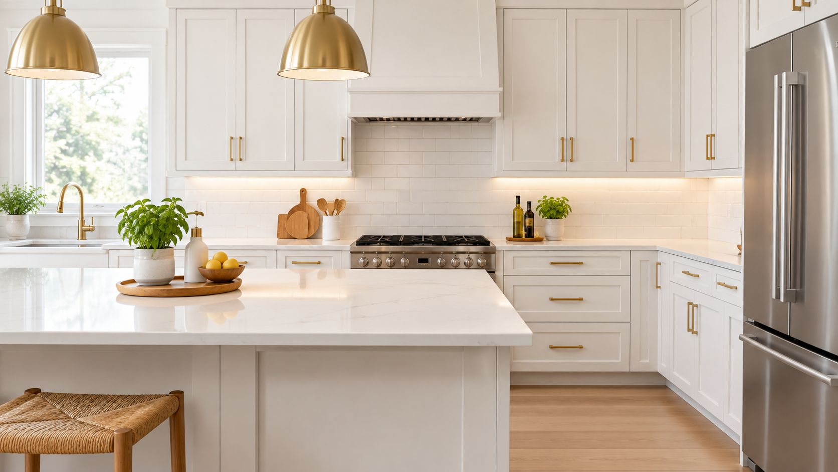 A modern white kitchen featuring marble countertops, brass pendant lights, and stainless steel kitchen appliances.
