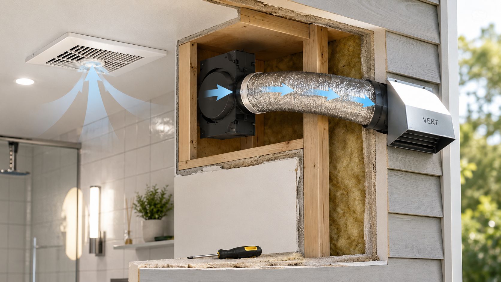 A cutaway view showing a bathroom ceiling exhaust fan installation with flexible ducting venting through an exterior wall.