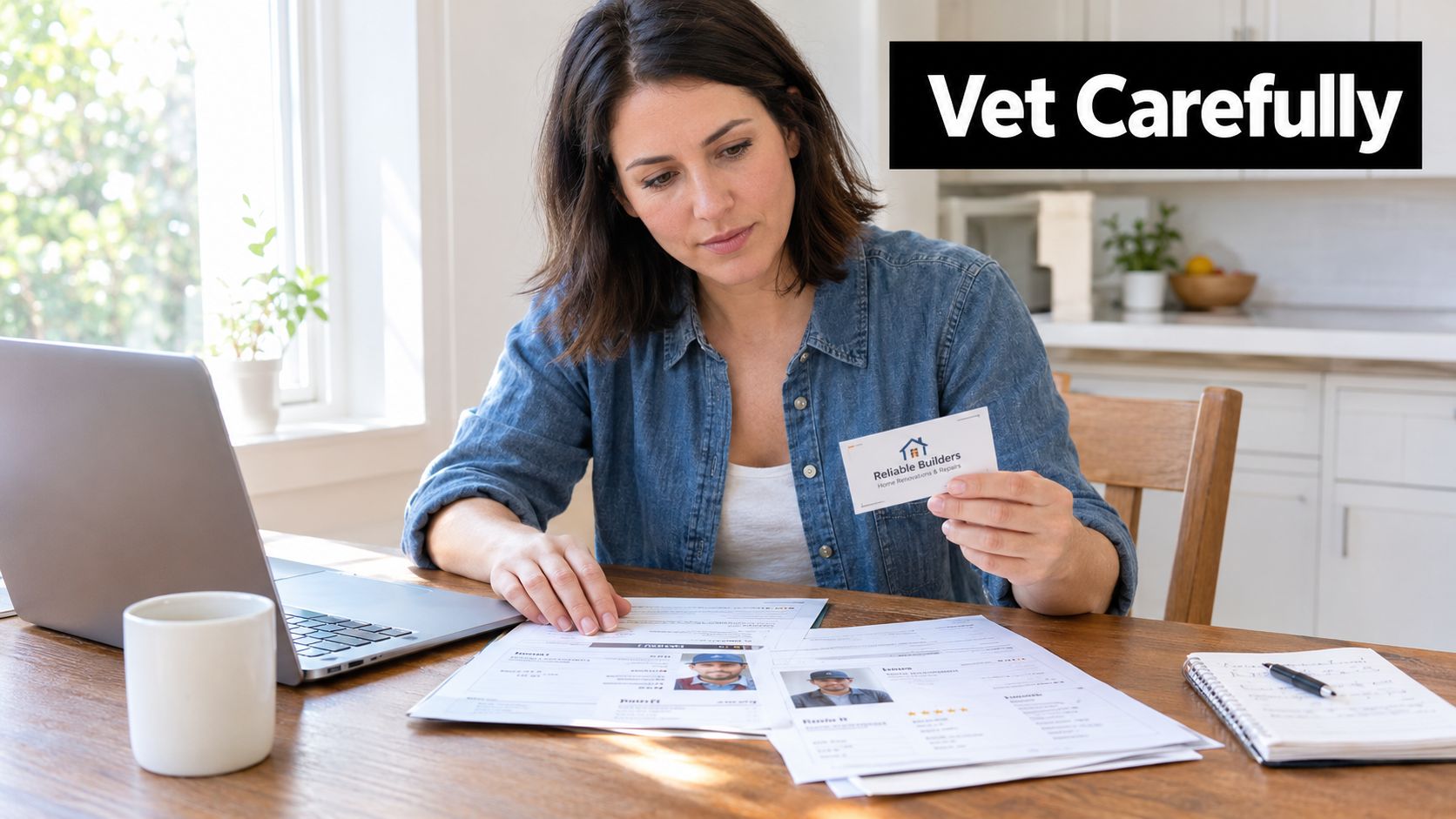 A woman reviewing contractor resumes and business cards while working at a wooden table in a home.