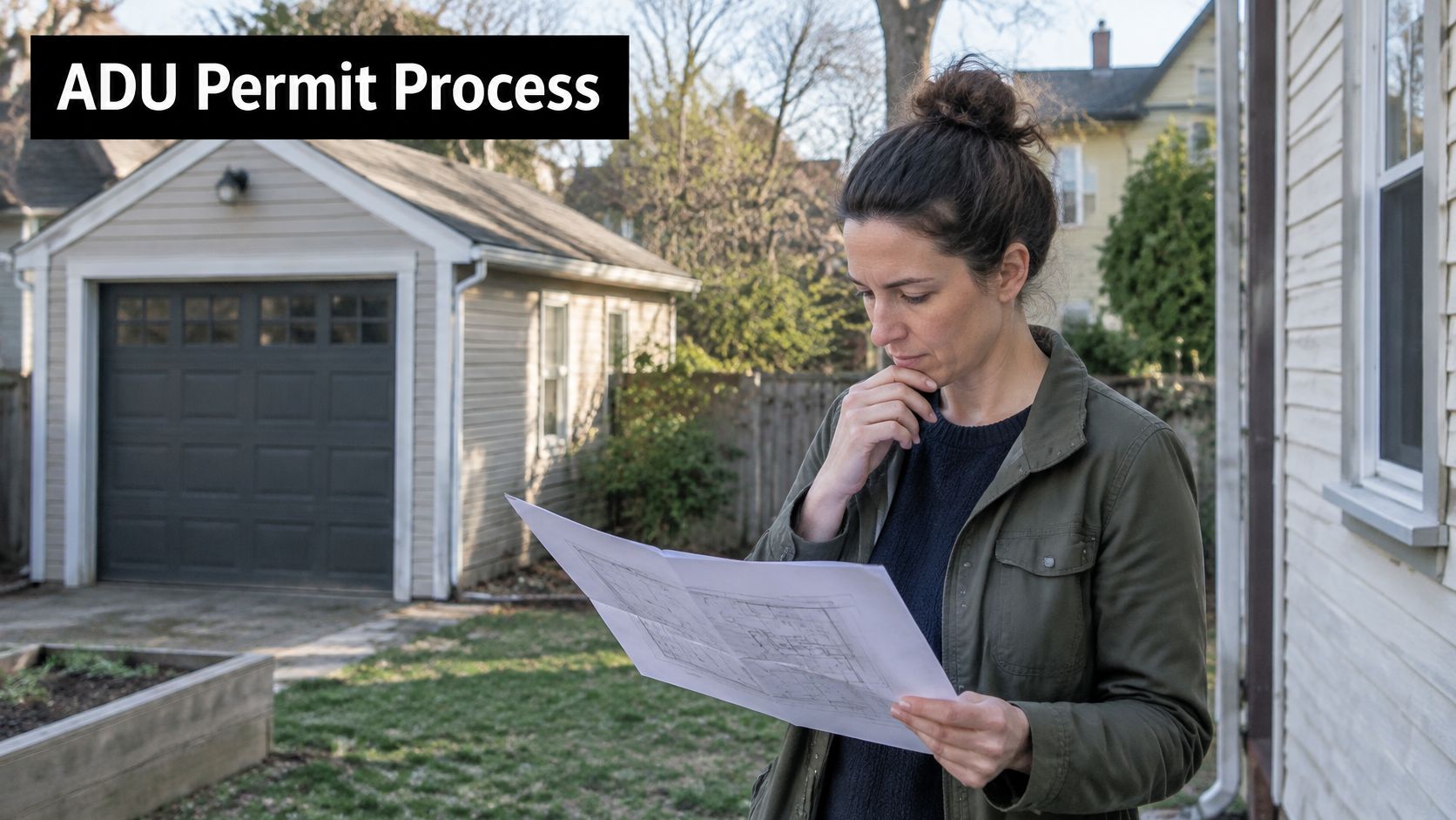 A woman stands in a backyard holding building plans while considering the ADU permit process for her property.