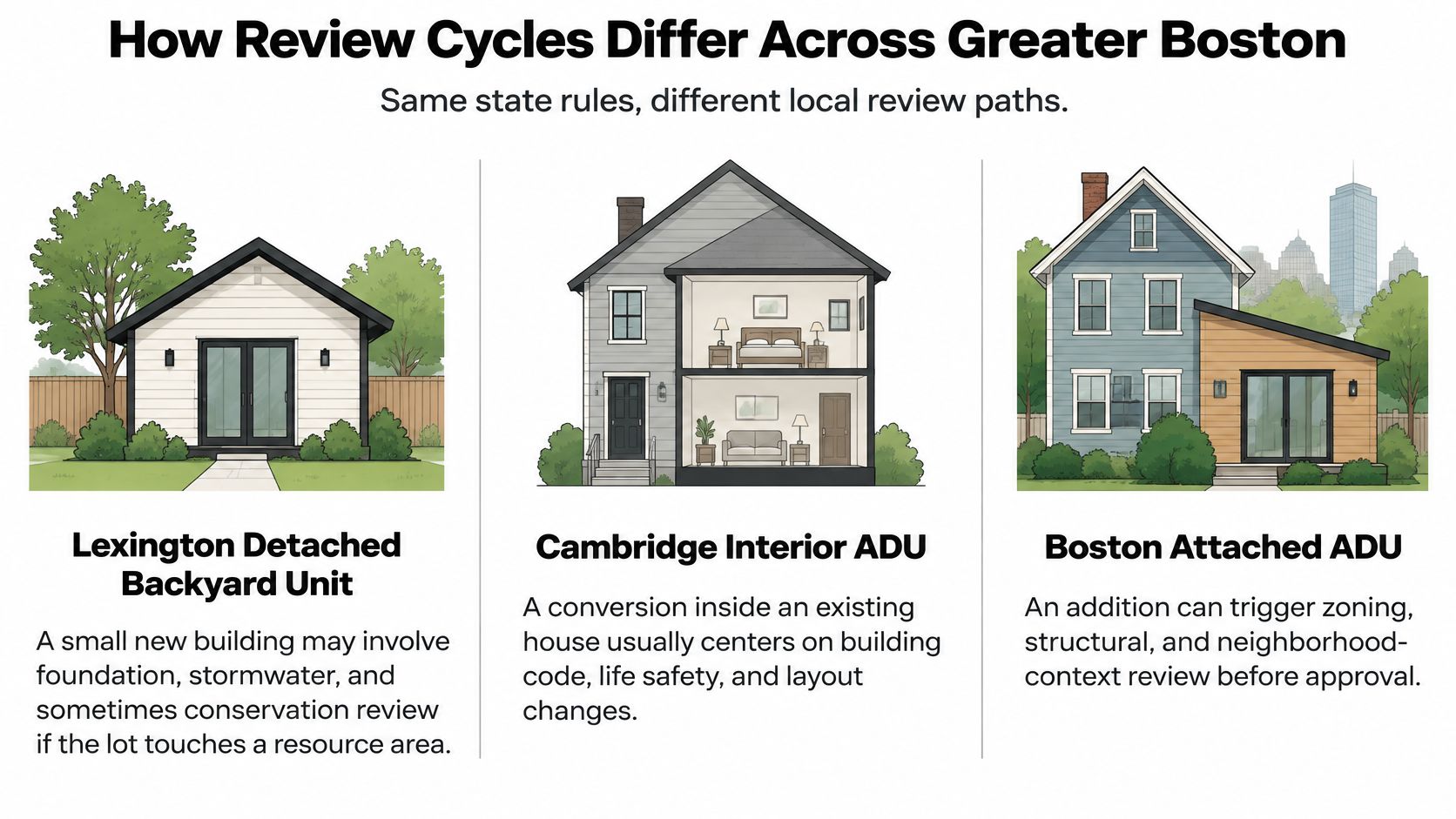 A graphic illustrating how Accessory Dwelling Unit permit review processes differ across Greater Boston municipal locations.