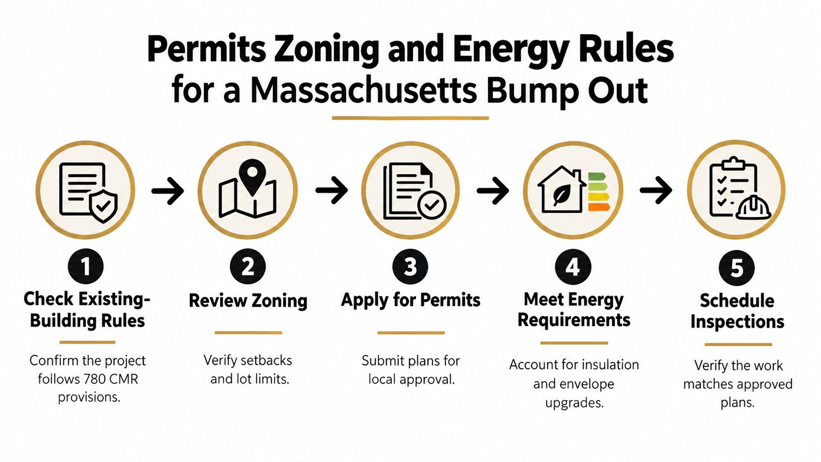 A flowchart showing five essential steps for securing permits for a Massachusetts home bump out project.