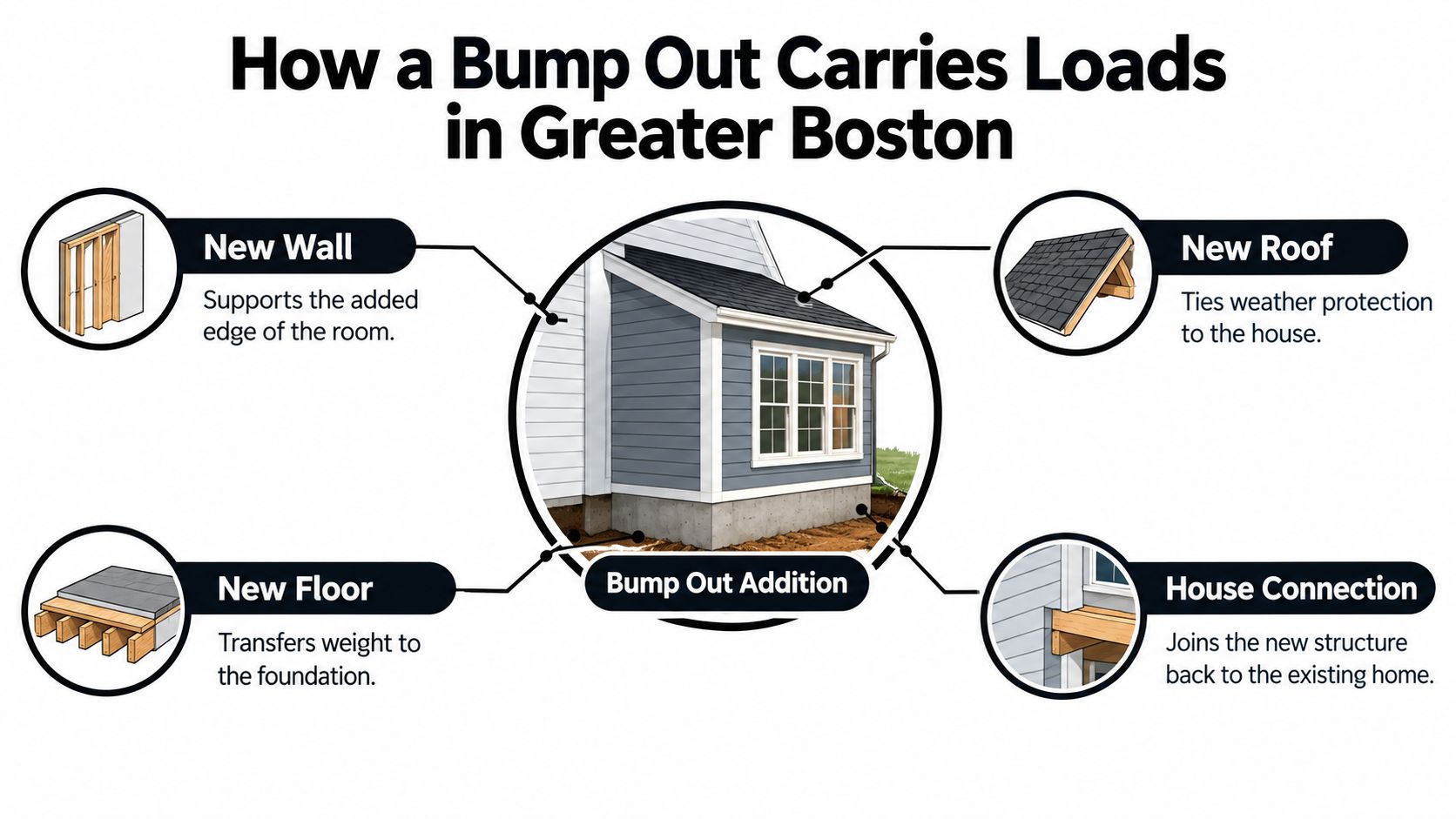 A diagram illustrating how a bump out home addition carries structural loads using a foundation, floor, walls, and roof.