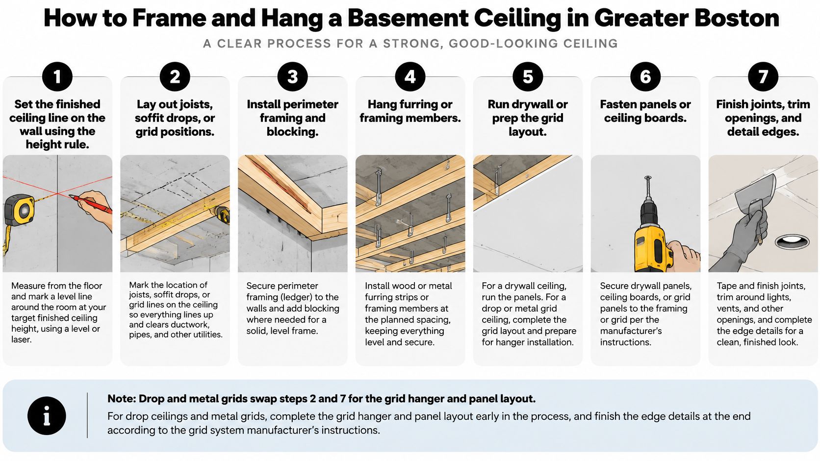 A seven-step instructional infographic explaining how to frame and hang a professional basement ceiling.
