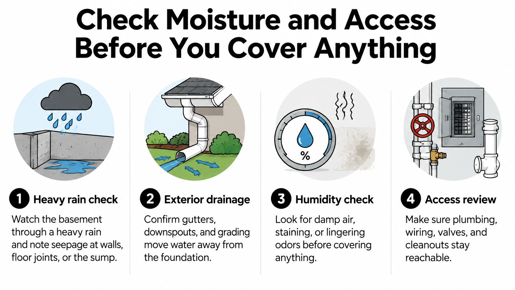 An infographic showing four steps to check for moisture and access before finishing a basement ceiling.