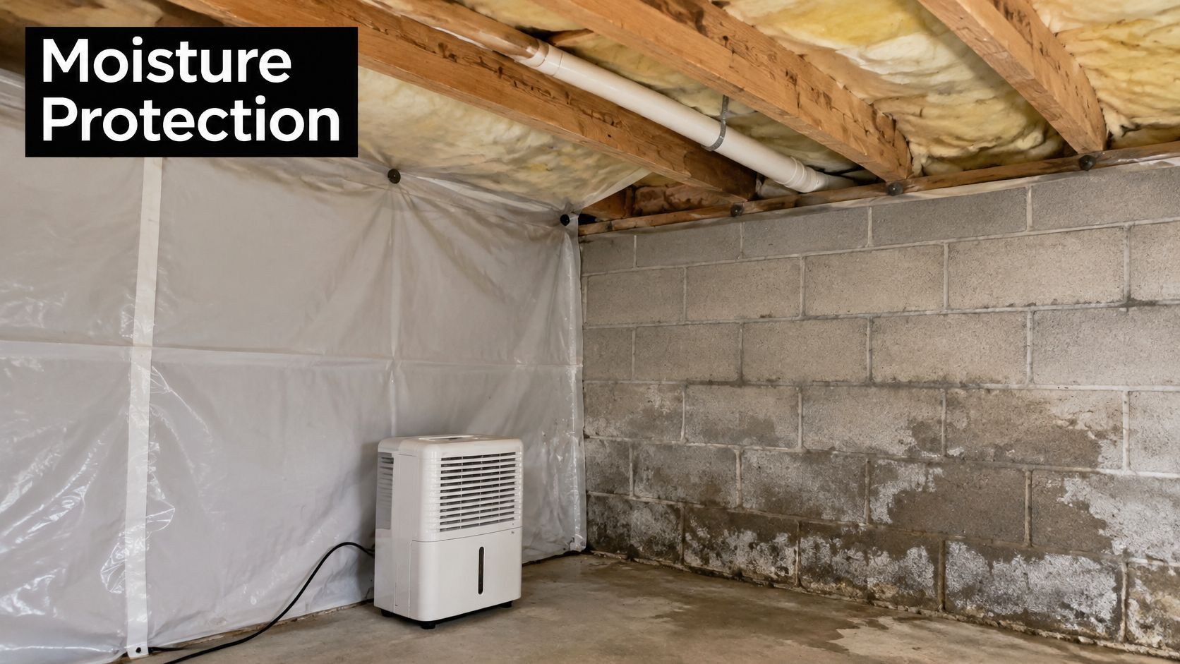 A dehumidifier sitting on a basement floor next to a wall covered in plastic moisture protection film.