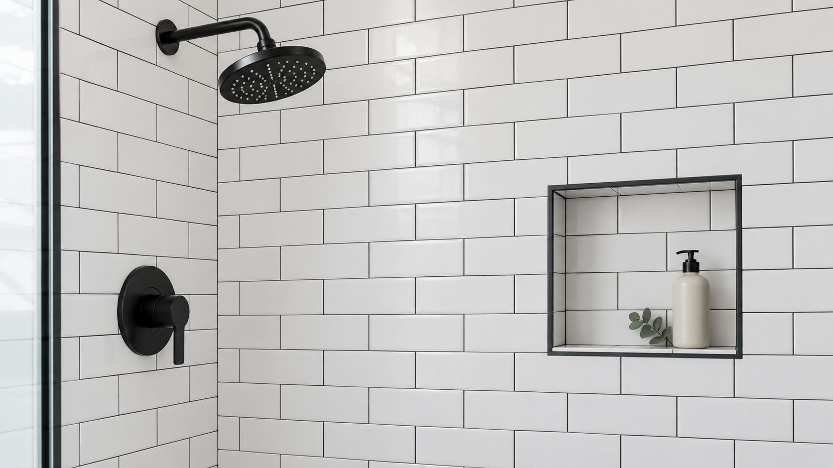 A modern shower featuring white subway tiles, a matte black shower head, mixer valve, and built-in wall niche.